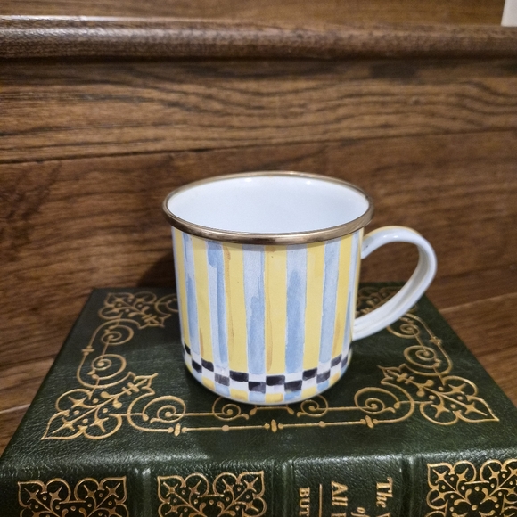 MacKenzie-Childs Blue Yellow Stripes Chess Pattern Duck Enamel Mug Retired - Picture 2 of 6